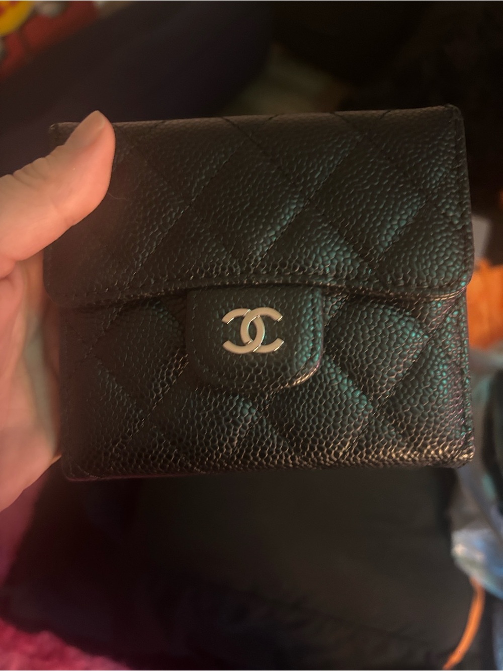 CHANEL Black Quilted Caviar Leather Small Wallet with Silver CC